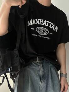 Men's Casual T-Shirt With Manhattan Print - Soft Cotton, Short Sleeves, Crew Neck, Comfortable Fit, Summer Style, Comfortable Everyday T-Shirt - 黑色 - 查看 3