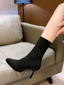 2025秋冬新款尖头粗跟弹力踝靴，春秋修身袜靴，猫跟鞋 - 黑色 - 查看 2