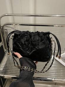 1 pièce Sac seau à cordon de serrage de couleur unie avec sangle à chaîne, sac à épaule mode pour femmes