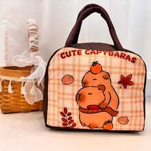 1pc Lunch Bag, 22x19x12cm, Canvas Material, Waterproof Double-Layer Insulation, Capybara, Cat, And Little Dinosaur Designs. Portable Handbag, Essential For Office Workers And Students.