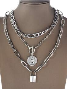 3pcs/Set Fashionable Retro Metal Chain Coin Badge, Lock Pendant Necklace Set For Women, Daily, Business, Casual, Party, Gift For Friends, Holiday & Birthday