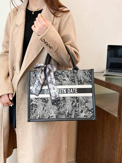 1 件（11 英寸 * 7.9 英寸 * 3.9 英寸）时尚女士手提包，大容量，方形，轻巧，优雅围巾装饰，防刮耐磨材料，适合购物、约会、聚会、通勤、字母图案、优雅简约休闲灰色和粉色女士手提包