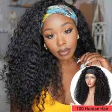 Headband Wig Human Hair Deep Wave 40 Inch None Lace Front Wig Human Hair Machine Made Wigs Glueless Curly Hair Headband Half Wigs For Black Women Human Hair Natural Color - Natural Black - 查看 3