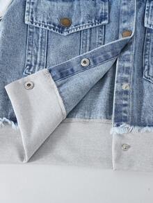 2pcs/Set Tween Girl Casual Street Fashion Minimalist Comfortable Versatile Long Sleeve Denim Patchwork Jacket And Knit Pants Set - Medium Wash - View 6