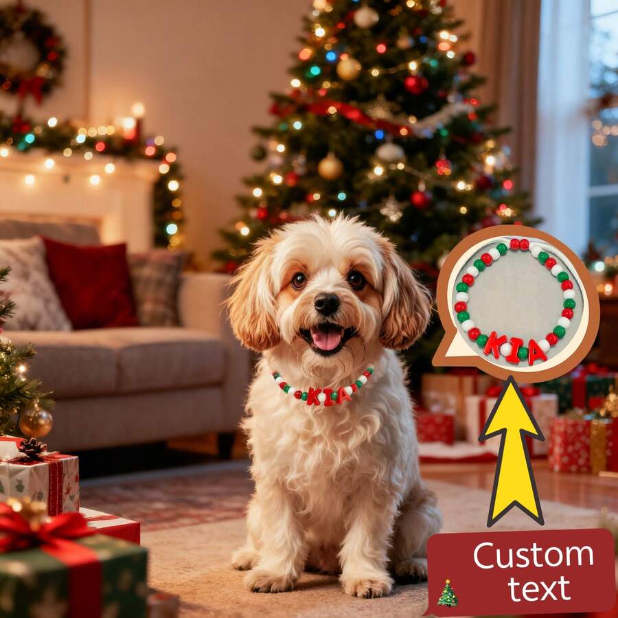 1pc Customized Colorful Pet Necklace, Fashionable Pet Necklace, Customize Your Pet's Name, Unique Necklace For Your Pet, Creative & Cute Christmas Pet Necklace, Creates Holiday Atmosphere, Adjustable Size, Prevents Pet Loss, Great Gift For Your Pet - Red - View 1