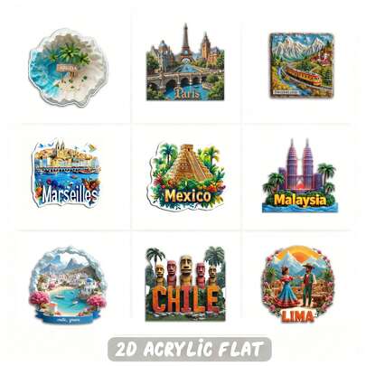 2 piezas Decoración de nevera con imanes fuertes de diseño plano 2D de hitos mundiales, Torres Gemelas Petronas y horizonte de Kuala Lumpur, palmeras tropicales y texto malayo - Decoración de cocina antideslizante, pegatinas para nevera - Regalo ideal para viajeros, entusiastas de la cultura malaya - Adecuado para nevera, tablón de anuncios, puerta - Hojas de imán de acrílico con diseño plano 2D, adecuado para fans de Malasia