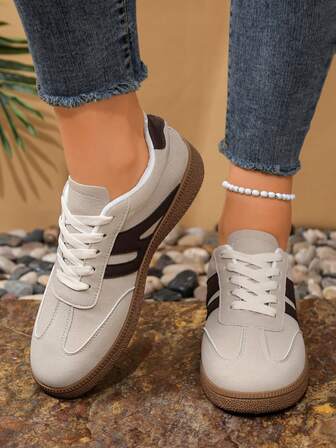 Contrast Color Solid Preppy Casual Gym Summer Casual Sports Shoes For Women, Lace-Up Brown Gray Patchwork Brown Khaki Flat Retro Fashion Outdoor Sports Running Shoes
