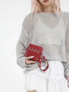 Fashionable Minimalist Small Handbag, Women's Rivet Bag, Chain Mini Bag, Shoulder Crossbody Bag, Mini Tote Bag - Burgundy - View 2