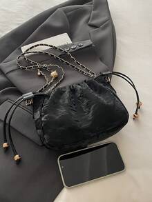 1 pièce Sac seau à cordon de serrage de couleur unie avec sangle à chaîne, sac à épaule mode pour femmes