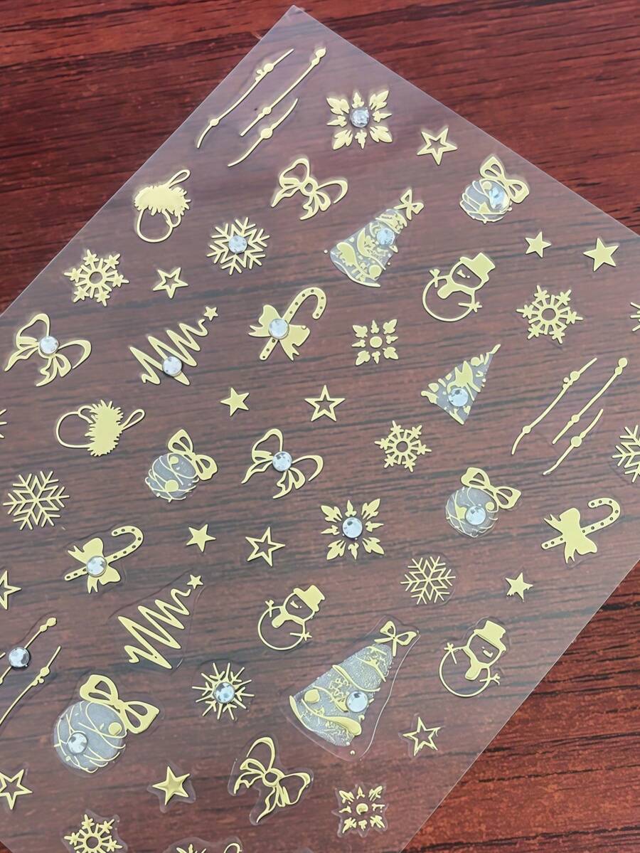 1 pieza Pegatinas de uñas 3D con lazo navideño dorado brillante con láser, pegatinas de uñas adhesivas en relieve, decoración de uñas DIY, deslizadores