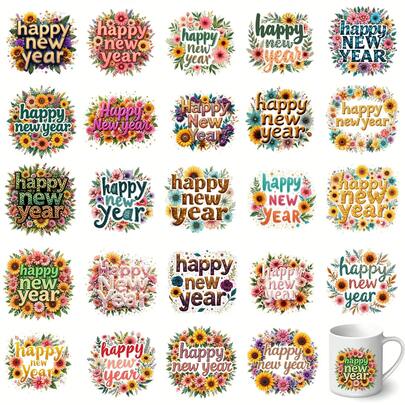 24 st. Gott Nytt År kransar och blommor klistermärken UV DTF högkvalitativa och reptåliga vinyldekaler för DIY-pyssel, koppar, flaskor, bärbara datorer, heminredning, avtagbara julväggar, högtidsdekorationer, grafiska designer för högtider