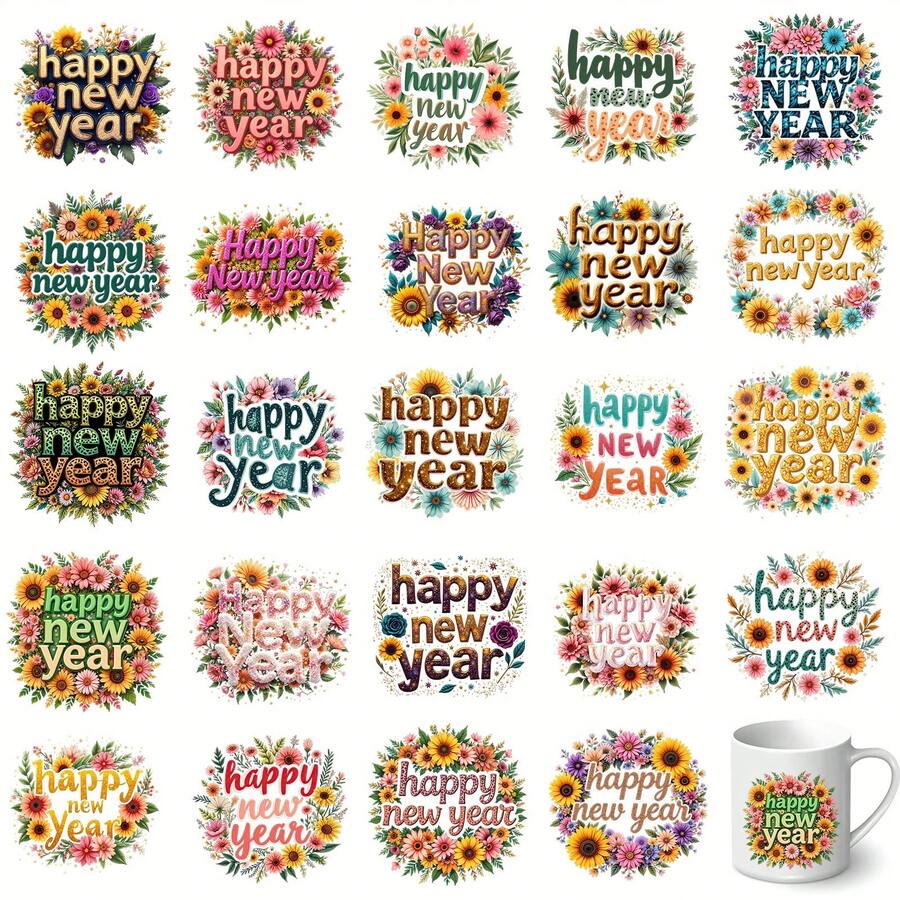 24张新年快乐花环和鲜花贴纸，UV DTF高品质耐刮擦乙烯基贴纸，适用于DIY工艺品、杯子、瓶子、笔记本电脑、家居装饰、圣诞节墙贴（可移除）、节日装饰配件、节日图案设计 - 彩色 - 查看 1