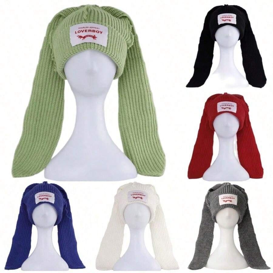 1PC Winter Knitted Hats For Women Added Fluff Fleece-Lined Hats Cute Rabbit Ear Soft Warm Thick Acrylic Luxury Brand Label Patched Beanies Skullies Personalized Casual Party Couples Hats - Multicolor - 查看 1