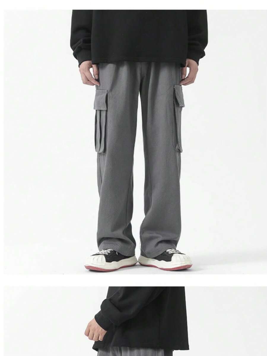 Men's Black Khaki And Beige Skater Cargo Pants With Elastic Waistband - Xám - Xem 1