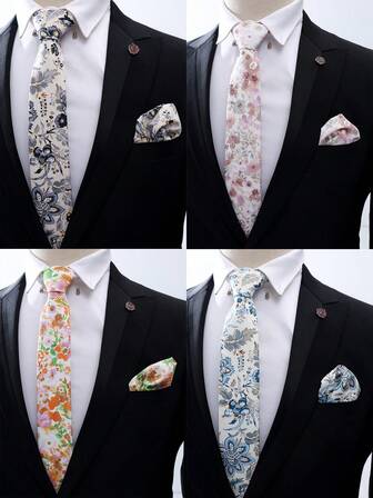 1 套男士领带套装，男士休闲花卉领带+手帕套装，时尚百搭，适合正式场合、宴会、婚礼和所有季节