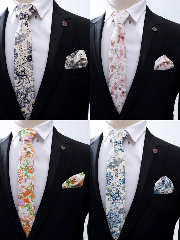 1 Set Of Men's Collar Set, Men's Casual Floral Tie+Handkerchief Set, Fashionable And Versatile, Suitable For Formal Wear, Banquets, Weddings, And All Seasons