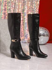 女士过膝靴，侧拉链高筒靴，户外通勤，简约百搭，秋冬粗跟高筒靴，圆头时尚扣马靴，不过膝高筒靴，黑色高跟女靴 - 黑色 - 查看 4