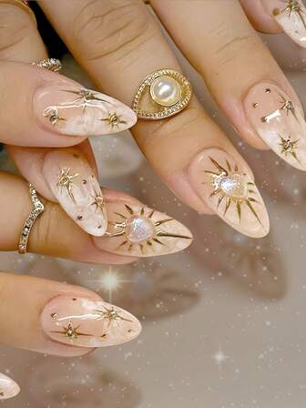 24pcs Ombre Almond Press-On Nails With 3D Yellow Heart Rhinestones And Gold Striped Design - Ladies And Girls Long Fake Nails Set, Glossy Surface, Shiny Nail Art, Nail Decor