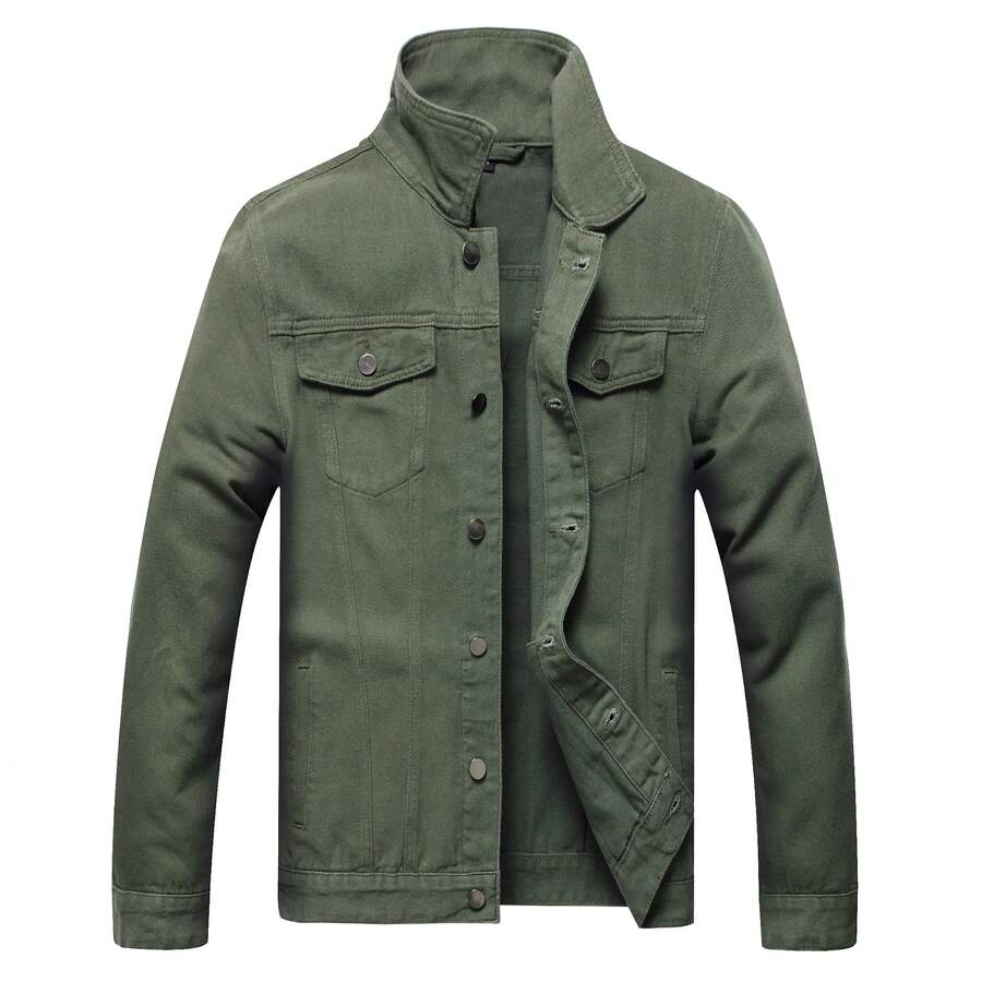 Denim Jacket Men, Men's Jean Jacket Distressed Ripped Slim Fit Stretch Trucker Jackets Classic Casual Denim Coat - 軍綠色 - 查看 1