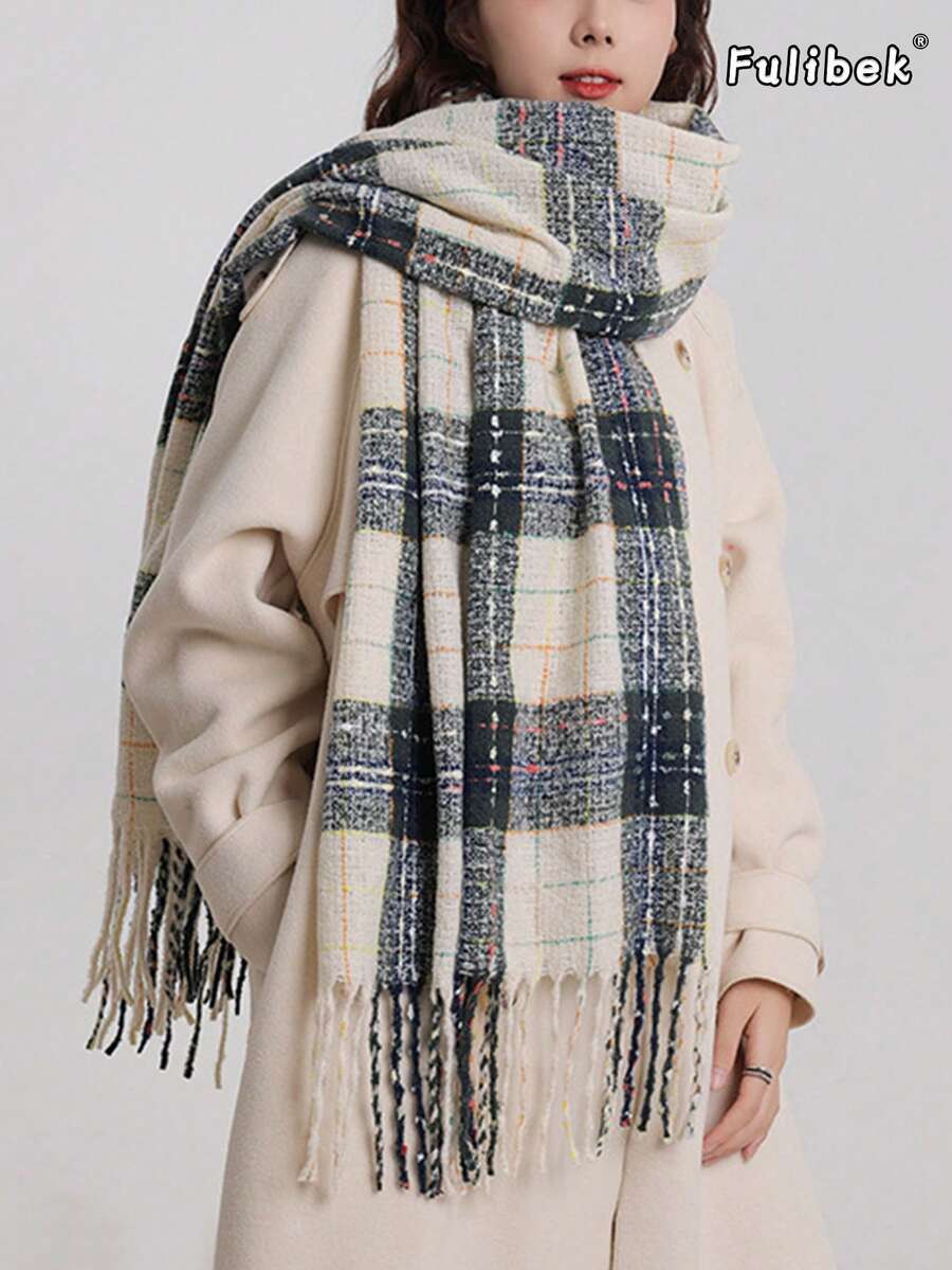 1pc Women's Autumn/Winter New Faux Cashmere Scarf, Thick Neck Warmer Dual-Use Lazy Street Style Plaid Scarf With Tassels, Mohair Circular Scarf, Soft & Warm, Fashionable Scarf Suitable For Travel And Daily Use, Gift