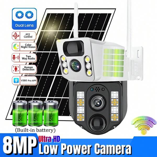 SWVW 8MP 4K Wireless Solar Camera Outdoor Waterproof Dual Lens Wifi IP Cam PIR Night Vision V380 Pro Security CCTV Protection Monitor, 2.4GWIFIOutdoor And Indoor Security Home Cameras, Wireless WIFI Cameras, IP Cameras, PTZ Cameras, Ring Camera ,None Surveillance Cameras,CCTV Cameras,Pet Camera ,Smart Outdoor Indoor PTZ IP Surveillance Cameras, Automatic Tracking, Alarm And Color Night Vision