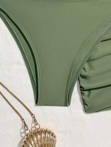 Set de 3 piezas Bikini con estampado de estrella de mar con escote halter, espalda con lazos y volantes, sexy y sin espalda para vacaciones en la playa en verano - Verde - Ver 3
