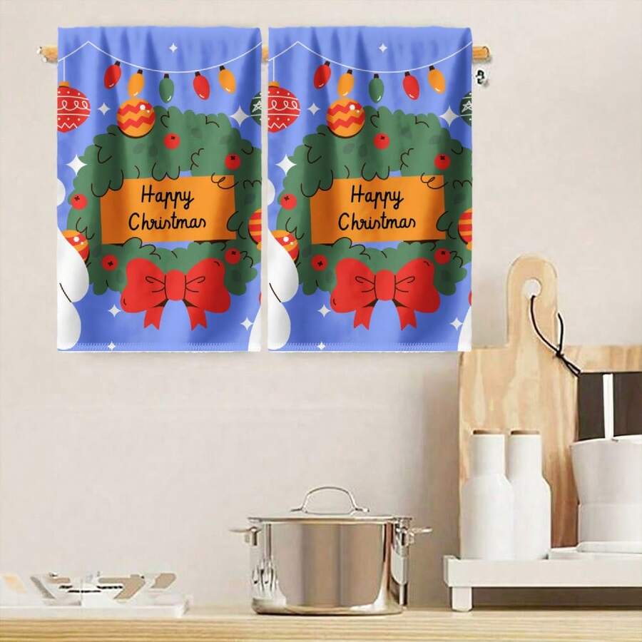 2PCS Christmas Kitchen Towels Happy Chaudman Wreath Lights Bow Fingertip Towel, Quick Dry, Contemporary Style, Minimalist, Suitable For, Dining Room, Picnic, Gym, Winter Decor Gift