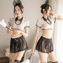 Sexy Lingerie Sexy Split See-Through Cute Maid Maid Uniform Short Skirt Uniform Set - 圖片顏色+黑絲襪 - 查看 2