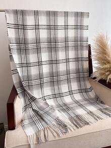 1件秋冬女士优雅复古多色格纹条纹提花仿羊绒围巾/披肩，带流苏，男女通用冬季保暖休闲加厚款连衣裙围巾 - 白色WT271-2 - 查看 2