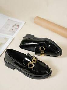 Plus Size Women's Multifunctional Casual Bow Decor Metal Chain Loafers Flat Shoes, Mirror Material, Retro Elegant British Style, Comfortable Soft Oxford Shoes, Black/White/Brown Luster, New Spring/Summer Autumn/Winter 2025 Style - Black - View 4