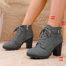 优雅水钻装饰女士时尚靴子，前系带，侧拉链，粗跟 - 灰色 - 查看 8