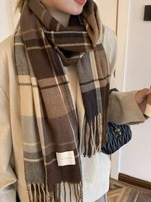 1 pièce Écharpe à carreaux de style coréen pour femmes, écharpe à franges chaude et élégante pour étudiants, écharpe longue et épaisse, châle pour couple, automne/hiver - Marron - Voir 1