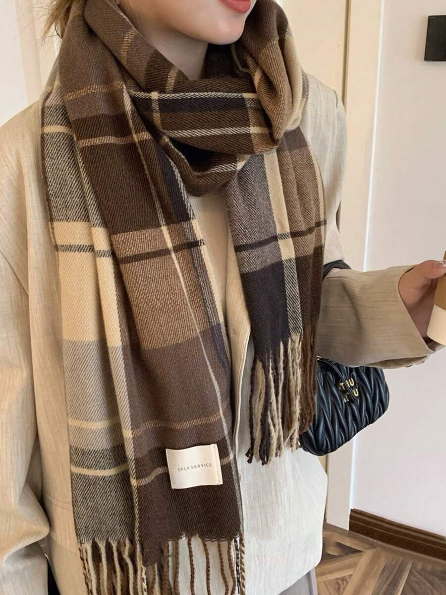 1 pièce Écharpe à carreaux de style coréen pour femmes, écharpe à franges chaude et élégante pour étudiants, écharpe longue et épaisse, châle pour couple, automne/hiver - Marron - Voir 1