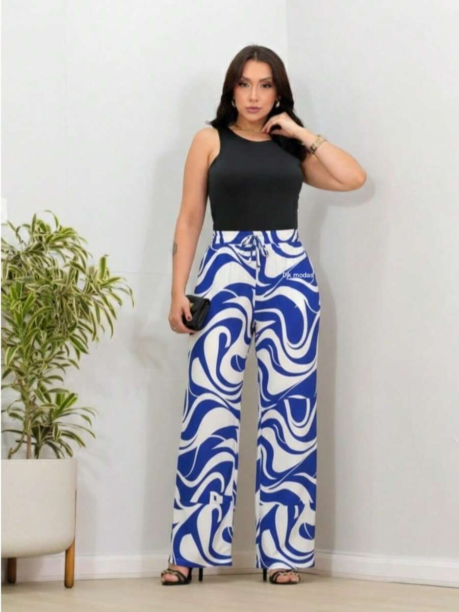 DUNA Fabric Pants With Lining, Pocket And Elastic Waist - biru bic/krem muda - View 1