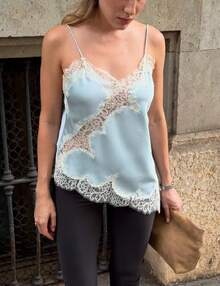 Women Satin Lace Camisole Top Sleeveless Spaghetti Strap Silk Lace Trim Cami Top Asymmetrical Tank Top Streewear - 藍色 - 查看 2