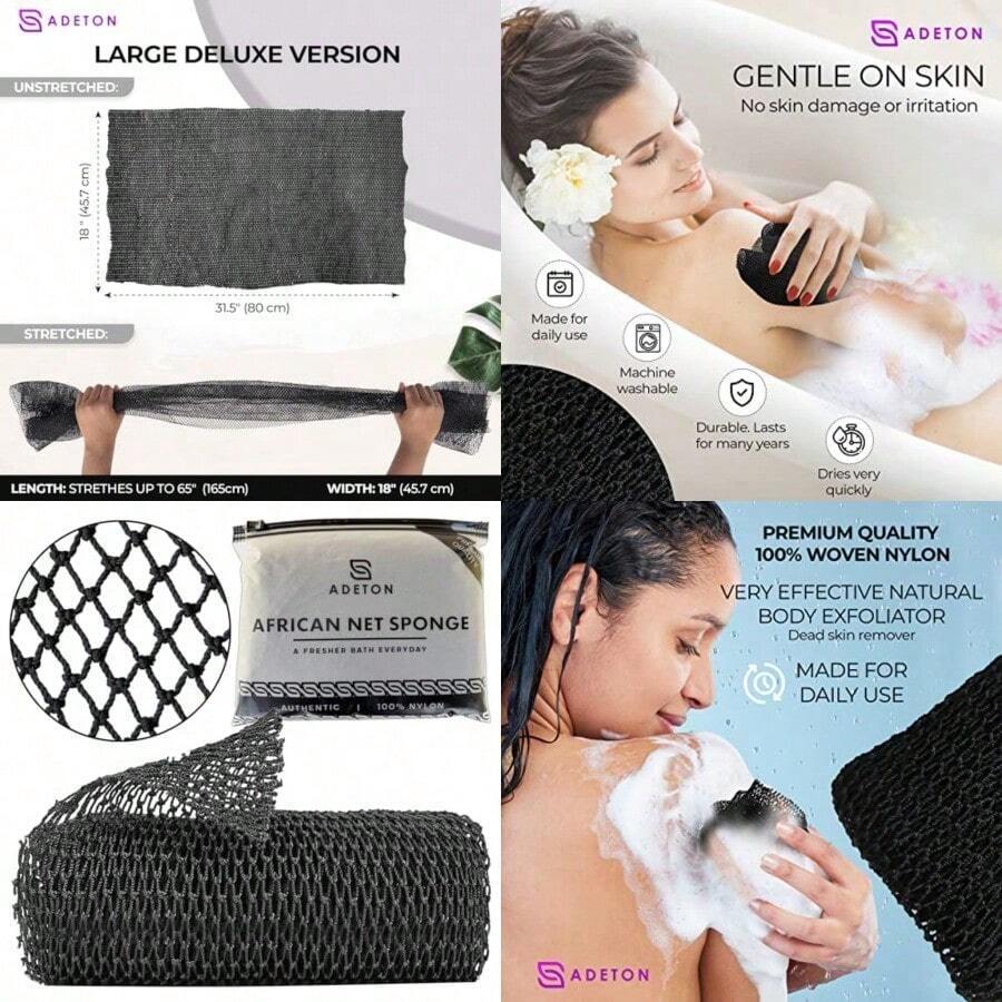 ADETON Esponja de Red Africana Auténtica Paño Exfoliante de Red para Baño Red Africana Anudada Auténtica Exfoliante Corporal Afro de Sapo Negro Exfoliante Corporal Esencial para La Ducha Versión - NegroGrande - Ver 1
