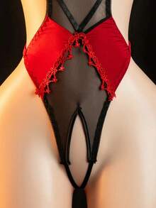 Sexy Lingerie Without Crotch Bodysuit, Chest Cushion Design - Black And Red Lace Design, Adjustable Shoulder Straps And Hollow Details, Adult Novelty Clothing, Women's Lingerie, Elegant Lingerie, Durable Lingerie, Lingerie, Elastic Material, Soft Fiber Fabric, Lingerie Bodysuit, Women's Sexy Bodysuit, Lingerie Bodysuit, Pleasure Wearing, Tempting Clothing - Multicolor - View 4