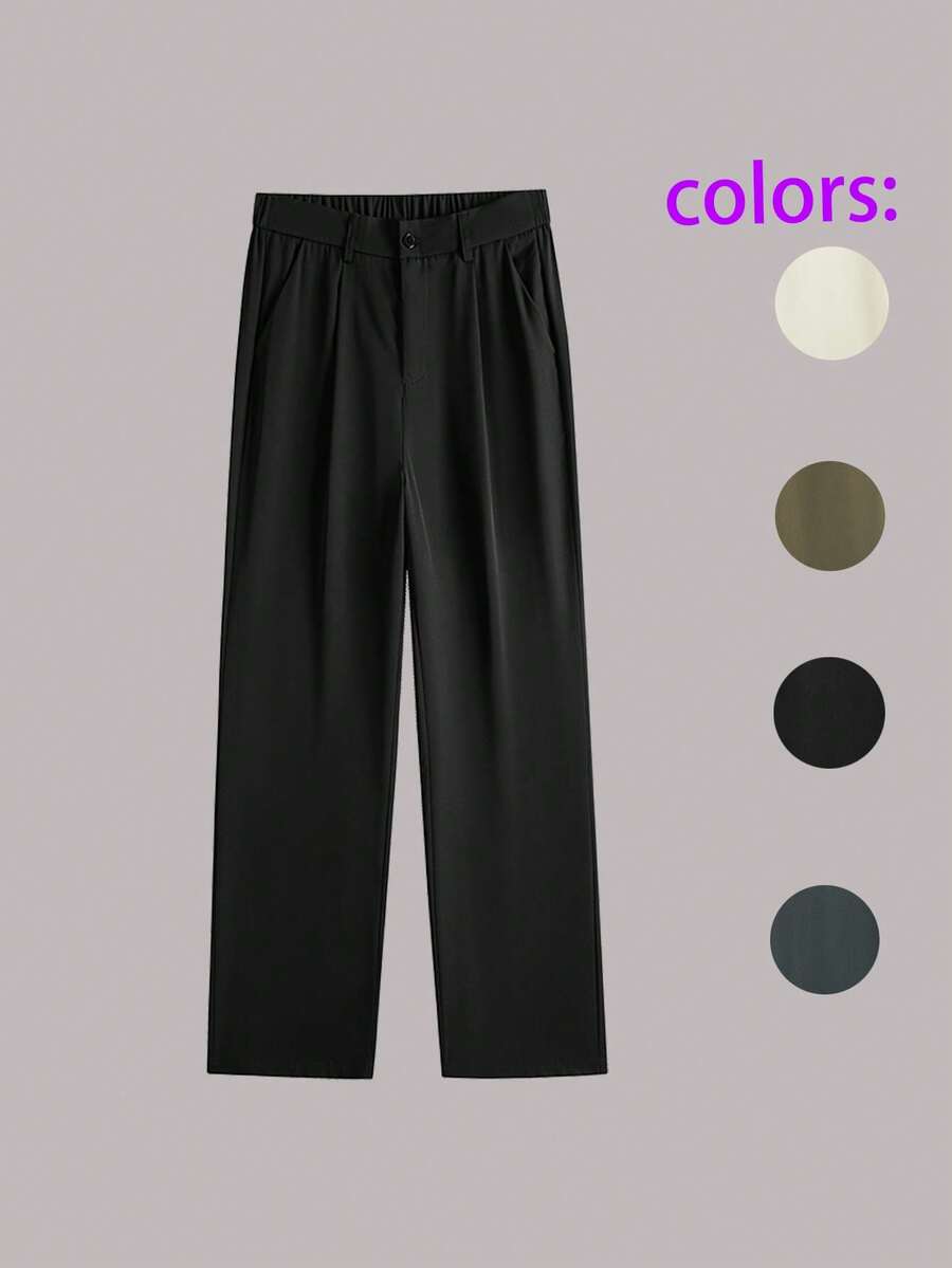 男士纯色休闲裤，带口袋和腰带环，时尚百搭的米色男士正装裤，弹力面料 - 黑色 - 查看 1