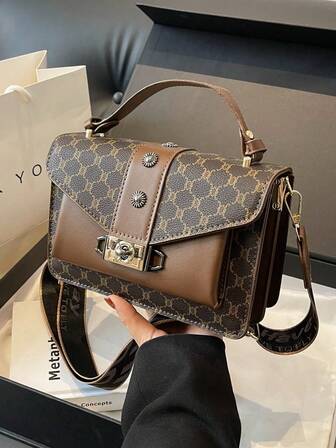 Karierter Retro Kleine Quadratische Tasche, Modisch Elegante Doppelschicht Handtasche, PU Leder Shopper Umhängetasche, Vielseitig für Frauen Alltäglichen Gebrauch