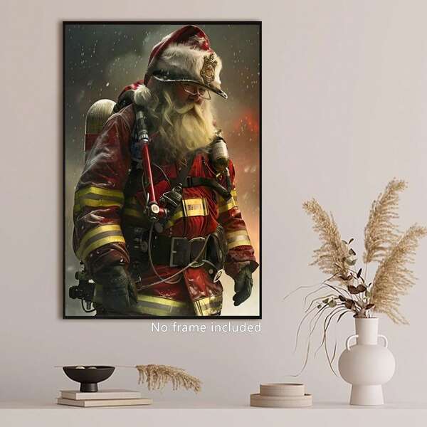 Impresión artística en lienzo de Papá Noel bombero - Decoración del hogar Póster de lona para sala de estar, dormitorio, baño, cocina - Material de lienzo duradero, 16-24 pulgadas - Idea de regalo única