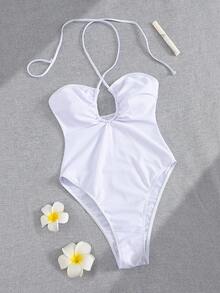 Summer Sexy Solid Color One-Piece Tie-Up Backless Hollow-Out Knotted Vacation Beach Swimsuit Set - White - View 2