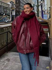 1pc Women's White Winter Tassel Scarf, Versatile Wear As Headscarf, Shawl Or Scarf, Women's Gift, Warm And Windproof Multi-Functional Scarf, Suitable For Daily, Travel And Other Occasions - Burgundy - View 2