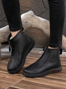 女士冬季保暖踝靴，侧拉链设计，温暖舒适，街头风百搭时尚靴子 - 黑色 - 查看 4
