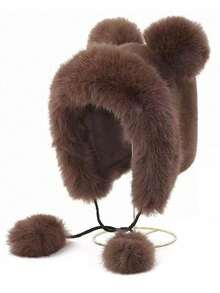 New Ladies Cute Fluffy Tassel Ball Pom Pom Design Bucket Hat With Kitten Ears Lei Feng Hat, Warm Outdoor Casual Cute Hat