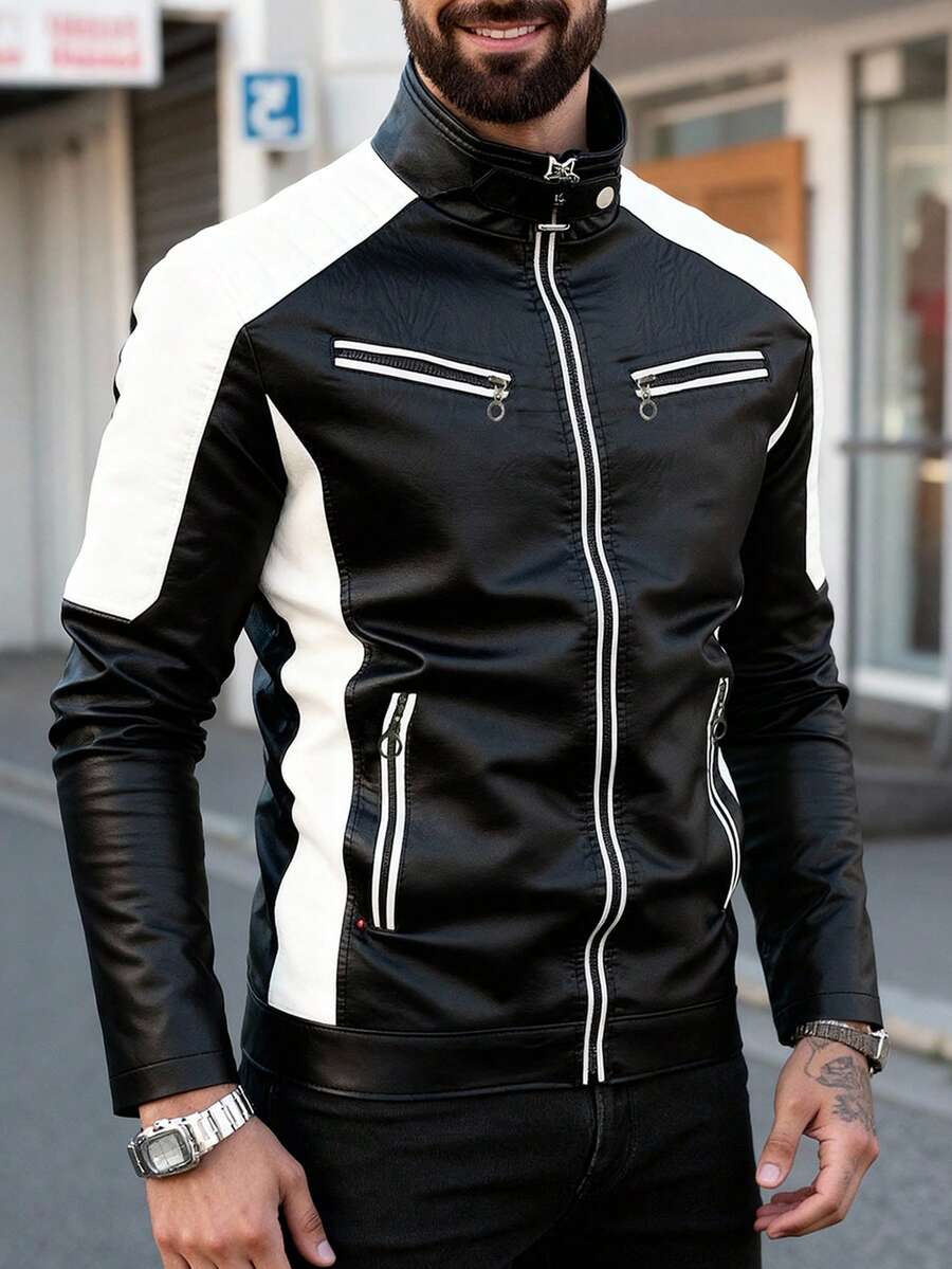 Motorcycle Style Leather Jacket For Men, Men's Stand Collar Zipper Jacket, High Quality PU Leather Material, Versatile Jacket For Spring And Autumn Fashion,Fleece,Winter - Black and White - View 1