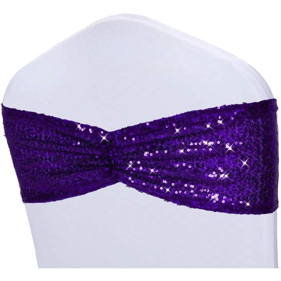Gold Sequin Chair Sashes With Bow For Folding Chairs, Party Wedding Reception Decorations, 20 PCS - Purple - View 1