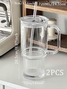 2PCS 720ml (24.35oz) Large Capacity Straw Cup With Handle, Large Capacity Office Water Bottle, Iced American Latte Cup, Juice Cold Drink Cup - Clear - View 6