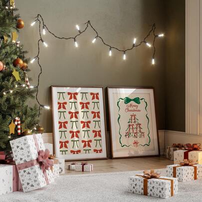 1/2pcs Retro Christmas Wall Art Picture Christmas Tree Red Bow Canvas Print Paintings| Girly Holiday Christmas Decoration For Bedroom, Living Room Or Office Home Decor, Preppy Xmas, Christmas Poster, Preppy Watercolour Trees And Bows Poster, Christmas Gift For Her, Unframed