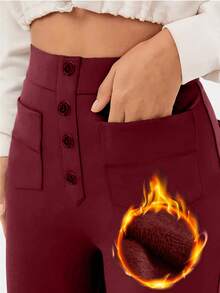 Women's High Waist Casual Sports Solid Color Button Pockets Straight Leg Pants - Burgundy - View 5