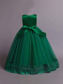 Tween Girls Mesh 3D Floral Elegant Glamorous Dress Suitable For Weddings And Parties, Headband Not Included - Dark Green - View 3
